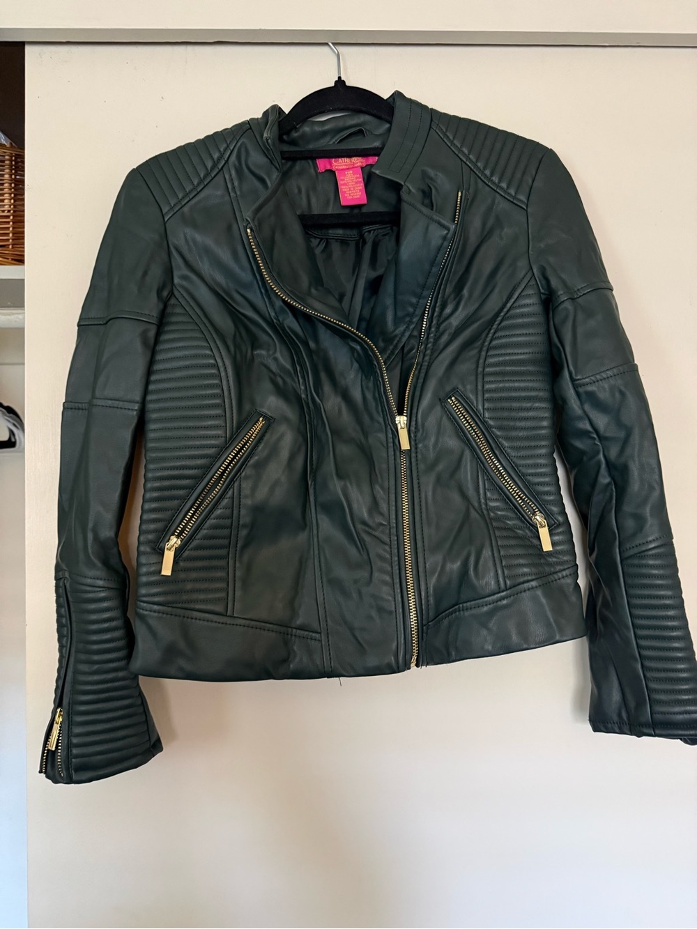 Catherines Black Quilted Faux Leather Moto Jacket with Gold Zippers